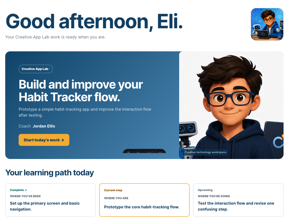 Cognit Learning student workspace showing a Creative App Lab learning path